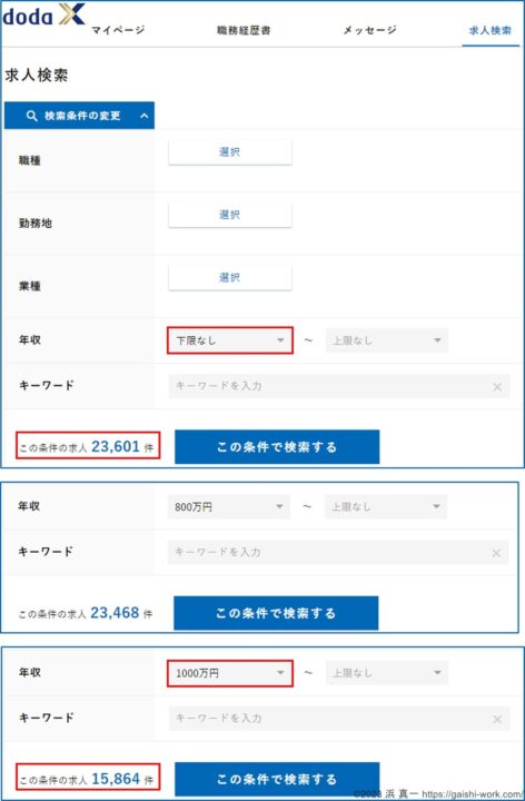 doda Xでは2万件以上の求人を検索できるが、ほとんどが年収800万円以上